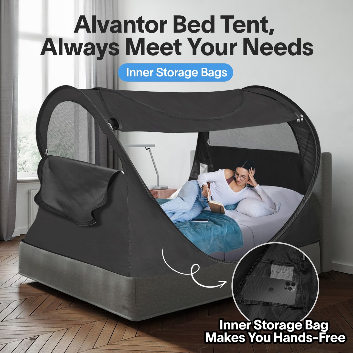 Alvantor Privacy Pop Up Bed Tent for Twin Bed, Easy Setup Blackout and Breathable Mesh Bed Canopy Lightweight Portable Sleep Pod with Carry Bag Dream Tent for Indoor Outdoor Use- Twin/Black