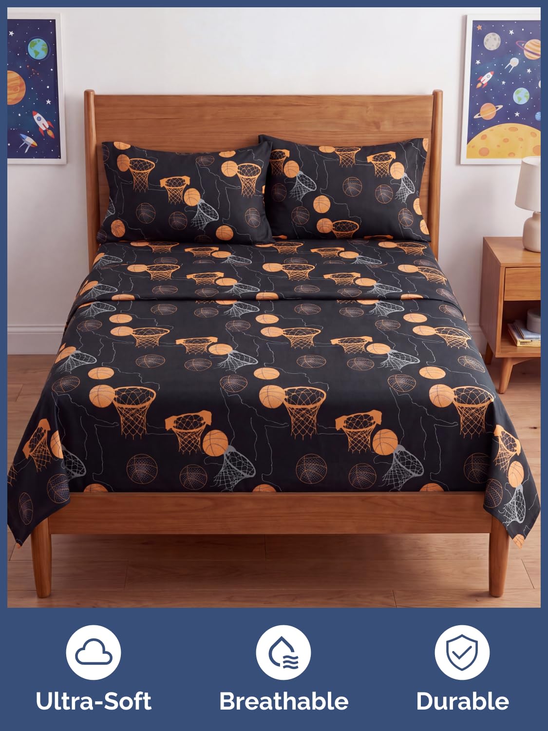 CGK Unlimited Kids Halloween Hoops Queen 4 Piece Sheet Set - Boys, Girls, Teens, Toddler - Easy Fit Deep Pockets - Soft, Cooling & Breathable Sheets - Cozy, Fade and Wrinkle Free - Machine Washable