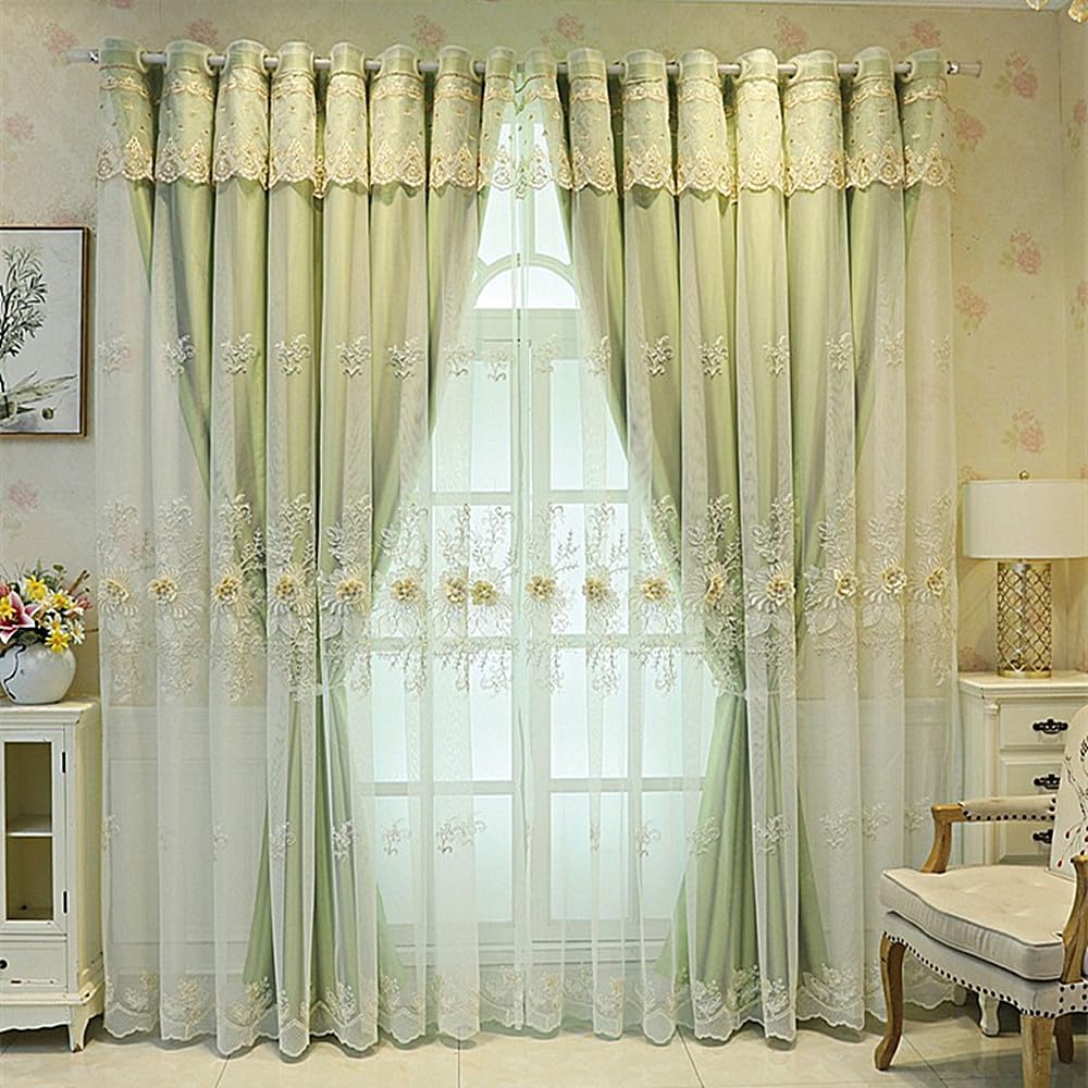 Amidoudou 1 Pair Luxury European Curtains with Valance for Living Room Bedroom Double Layer Embroidered Room Darkening Curtains (Green,51x95 Inch)