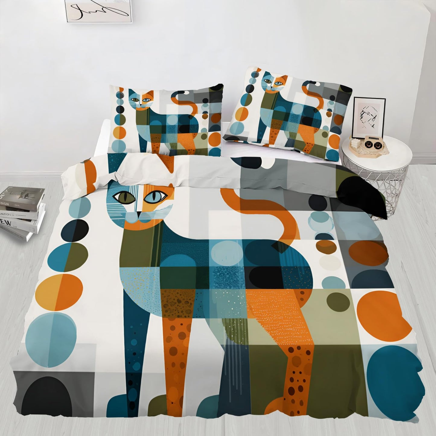 ZAMODE Cat Comforter Cover 120" x 98", Abstract Geometric Kitten Bedding Oversized King Size, Cat Lovers Duvet Cover with 2 Pillowcases