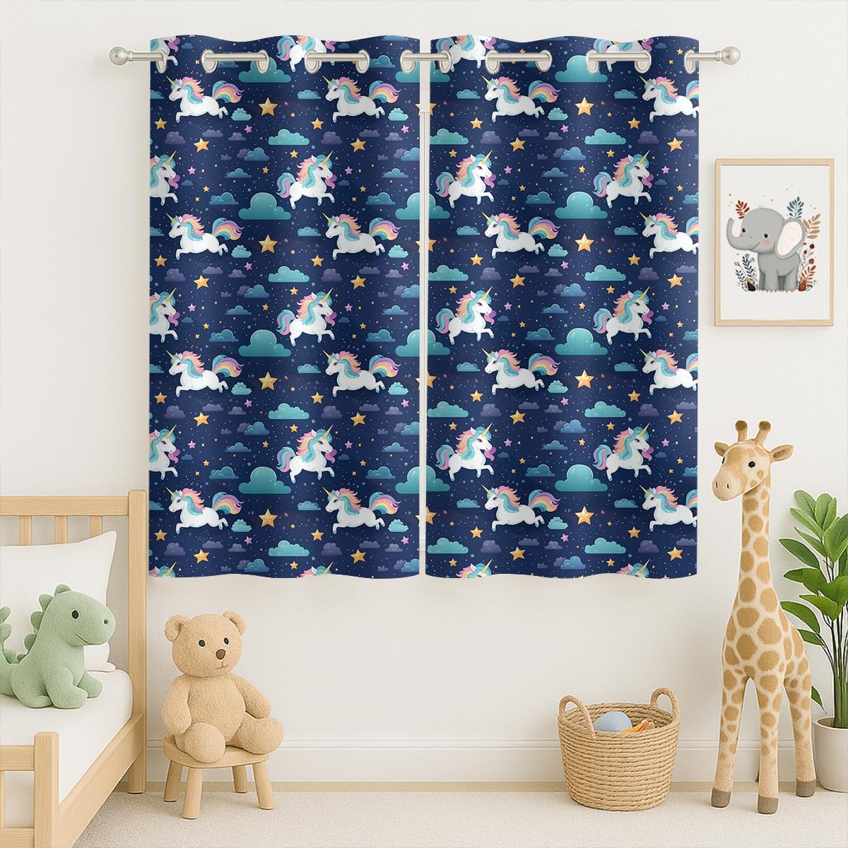Cute Unicorn Blackout Curtains for Girls Boys Kids Home Decor, Fantasy Cartoon Unicorn Stars Clouds Grommet Thermal Insulated Drapes Darkening Window Curtain for Bedroom Living Room, 42 x 45 Inch