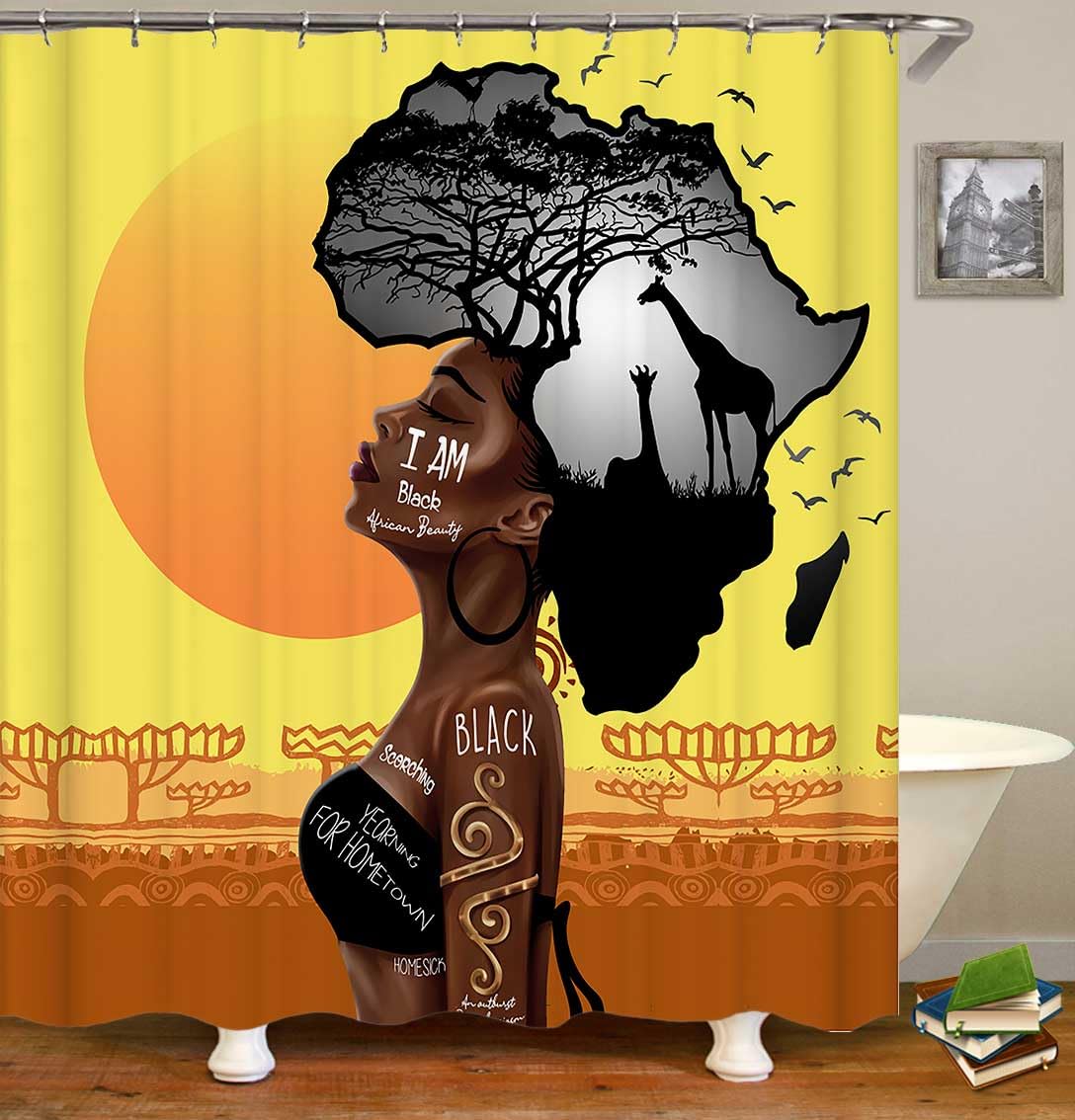 Jayden Madge 4PCS African American Woman Shower Curtain Set, Inspirational Quotes Sunset Safari Animals Tribal Afro Girl Proud Melanin Queen Black Women Bathroom Decor, Non-Slip Bath Mat Toilet Rug