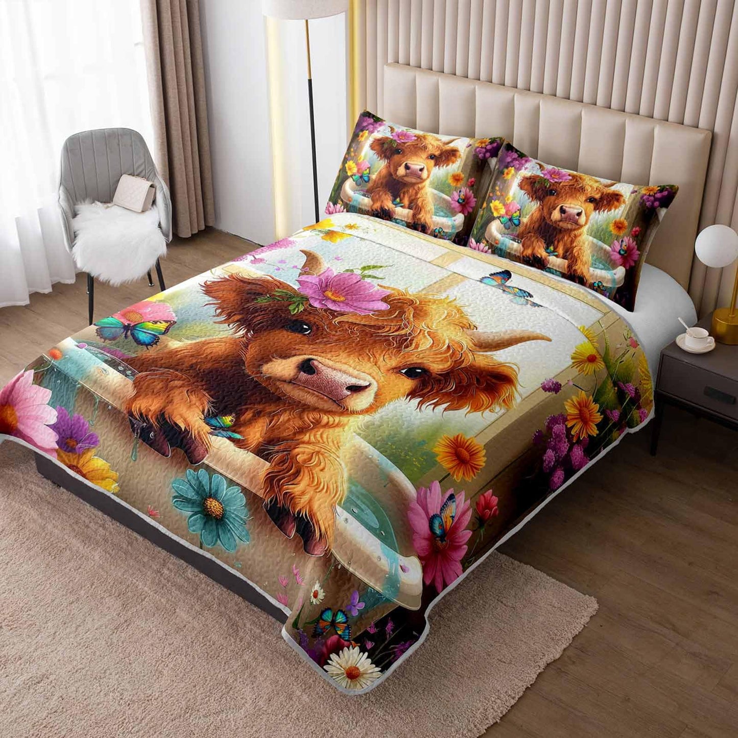 XYNHML Kawaii Farmhouse Cow Quilts Bedding Twin 3Pcs Western Funny Animal Highland Cattle Quilt Bed Set Lightweight Soft Bedspreads Coverlet with 2 Pillowcases for Kid Boy Girl Teen Adult Bed Decor