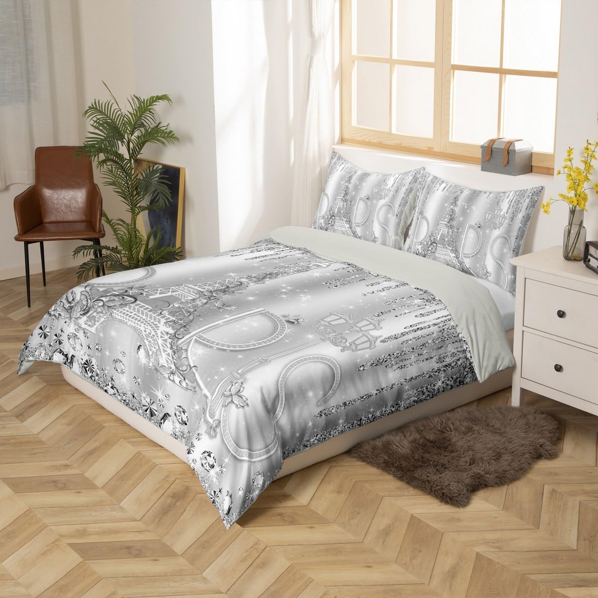 Paris Duvet Cover Set King Size Sliver Glitter Diamond Bedding Set 3pcs for Kids Girls Boys Women Room Decor,Romantic Eiffel Tower Comforter Cover Luxury Pearls and Jewels Quilt Cover,2 Pillowcases