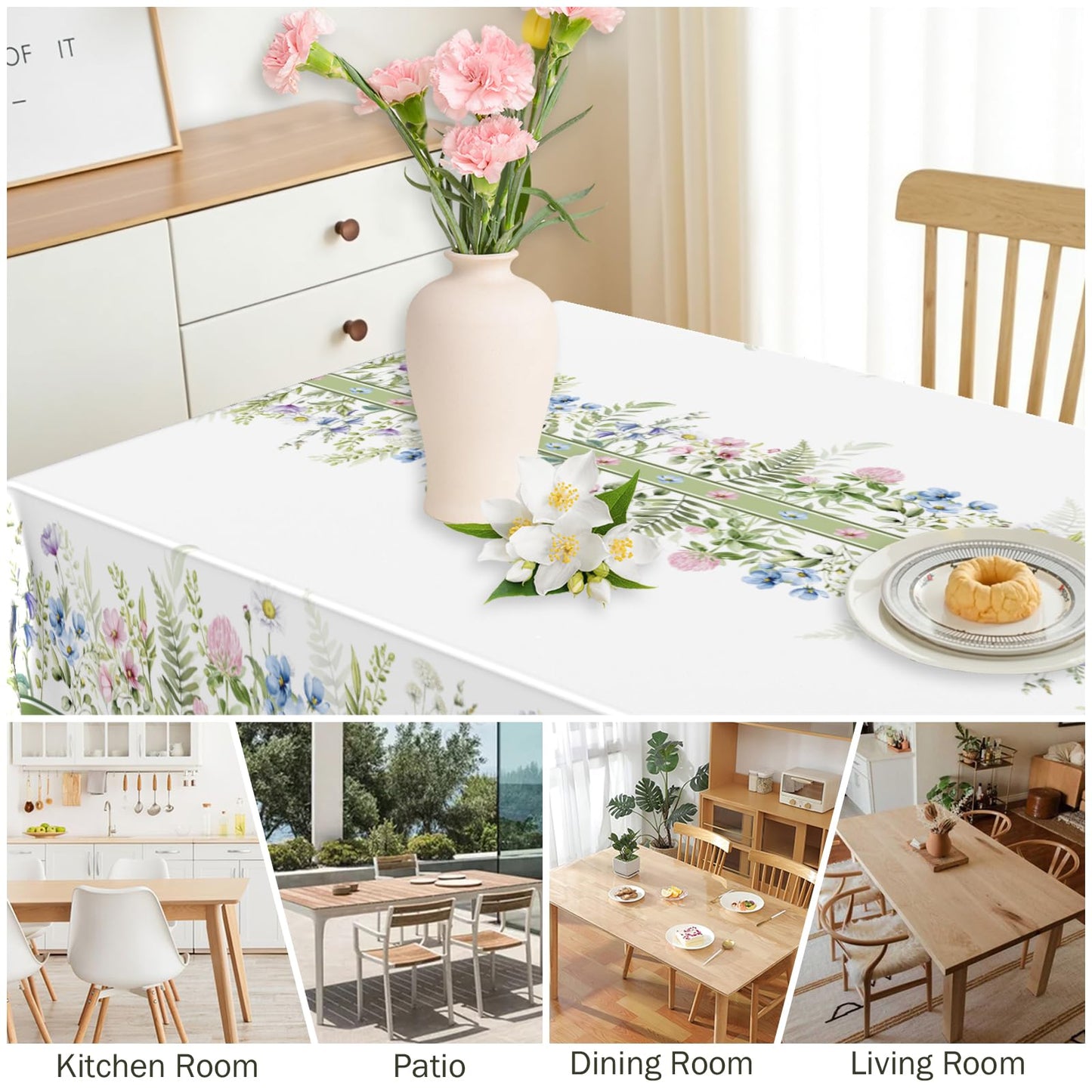 Kwlegh Spring Summer Tablecloth 60x84 Inch Sage Green Wildflower Table Cover Floral Print Reusable Washable Rectangular Tablecloths for Dining Decor Party Picnic Indoor Outdoor