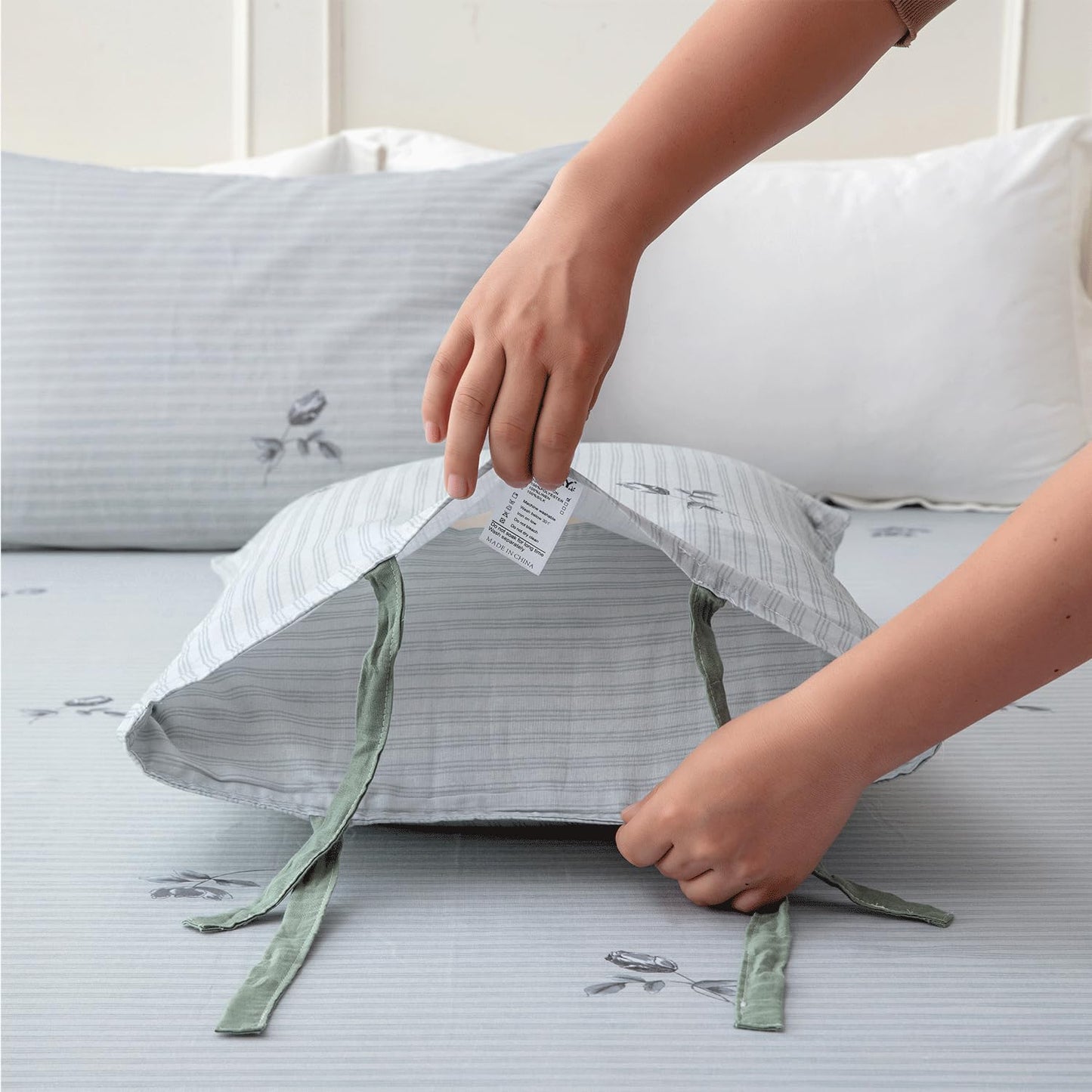 FADFAY 100% Cotton Double Gauze Muslin Sheet Set, Gray Striped Floral Bed Sheets with Bow Tie Detail, Ultra Soft Breathable Cooling Sheets, Deep Pocket Luxury 4 Piece Bedding Set，Twin