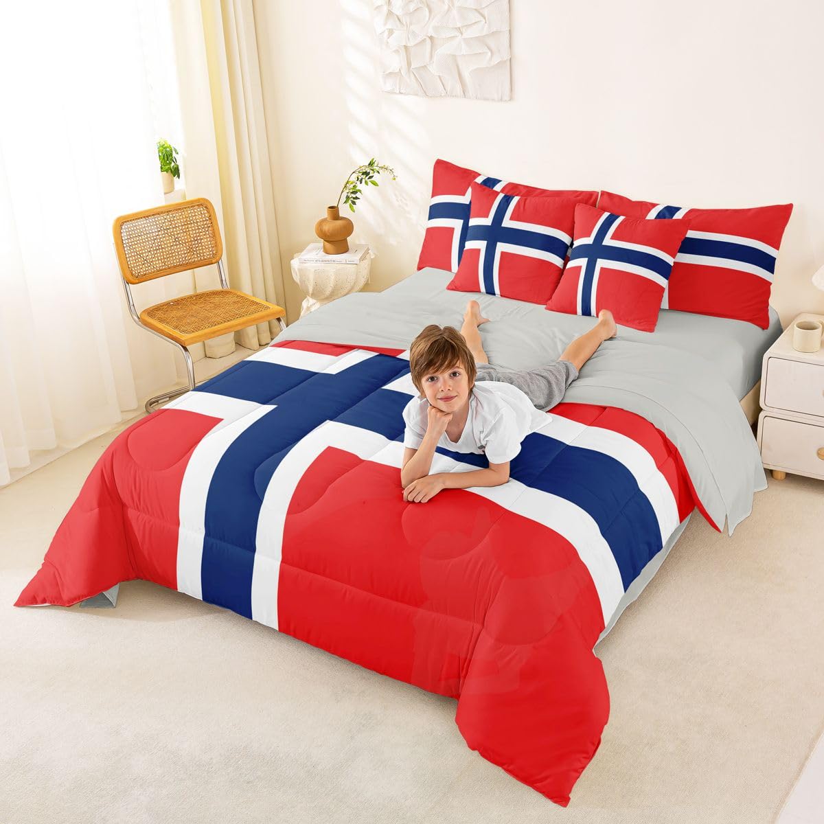 Feelyou Norwegian Flag Comforter Set with Sheets 7 Piece King Size Norway Bed in a Bag Kids Boys Girls International Flag Bedding Set Bedroom Decor Breathable Soft Lightweight Microfiber