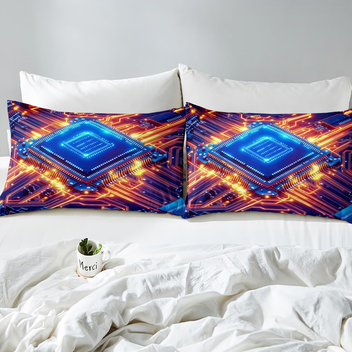 Erosebridal Queen Size Circuit Board Bedding Set, Science and Technology Fitted Sheet for Kids Boys, Print Chips Teal Bed Sheets Stripe Sheets for Teens Adult Men, Blue