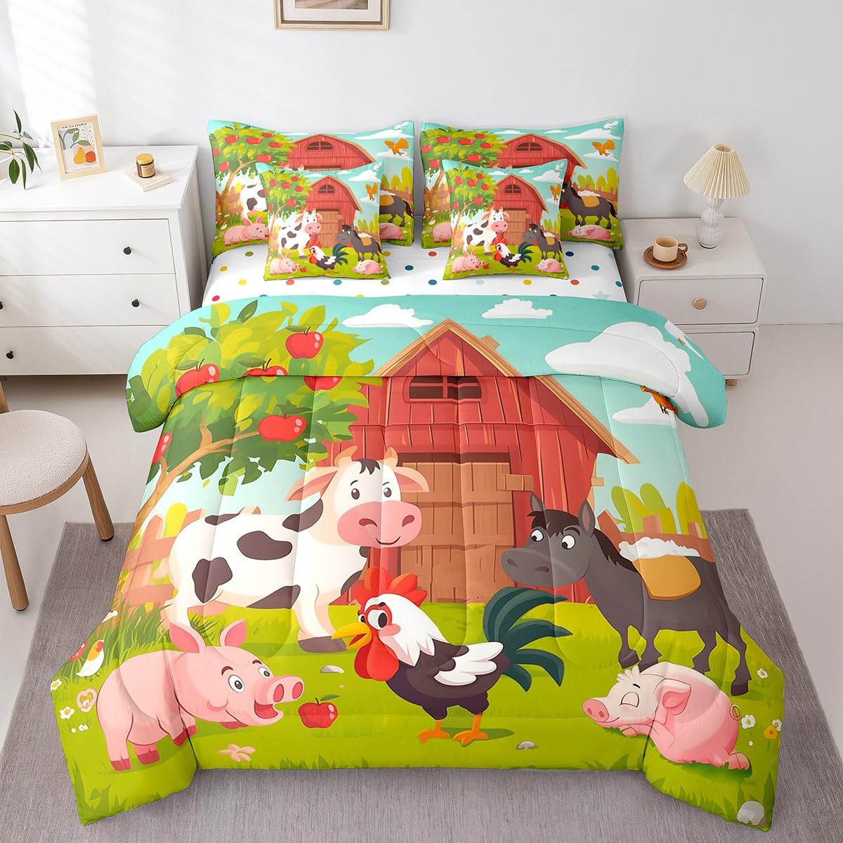 Feelyou Kids Cute Pig Cow Bed in A Bag Twin Size, Farm Animal 7 Pieces Bedding Set Boys Girls Cartoon Farm Nursery Comforter Set with Sheets Rustic Farmhouse Teens Bed Set Bedroom Decor 7Pcs