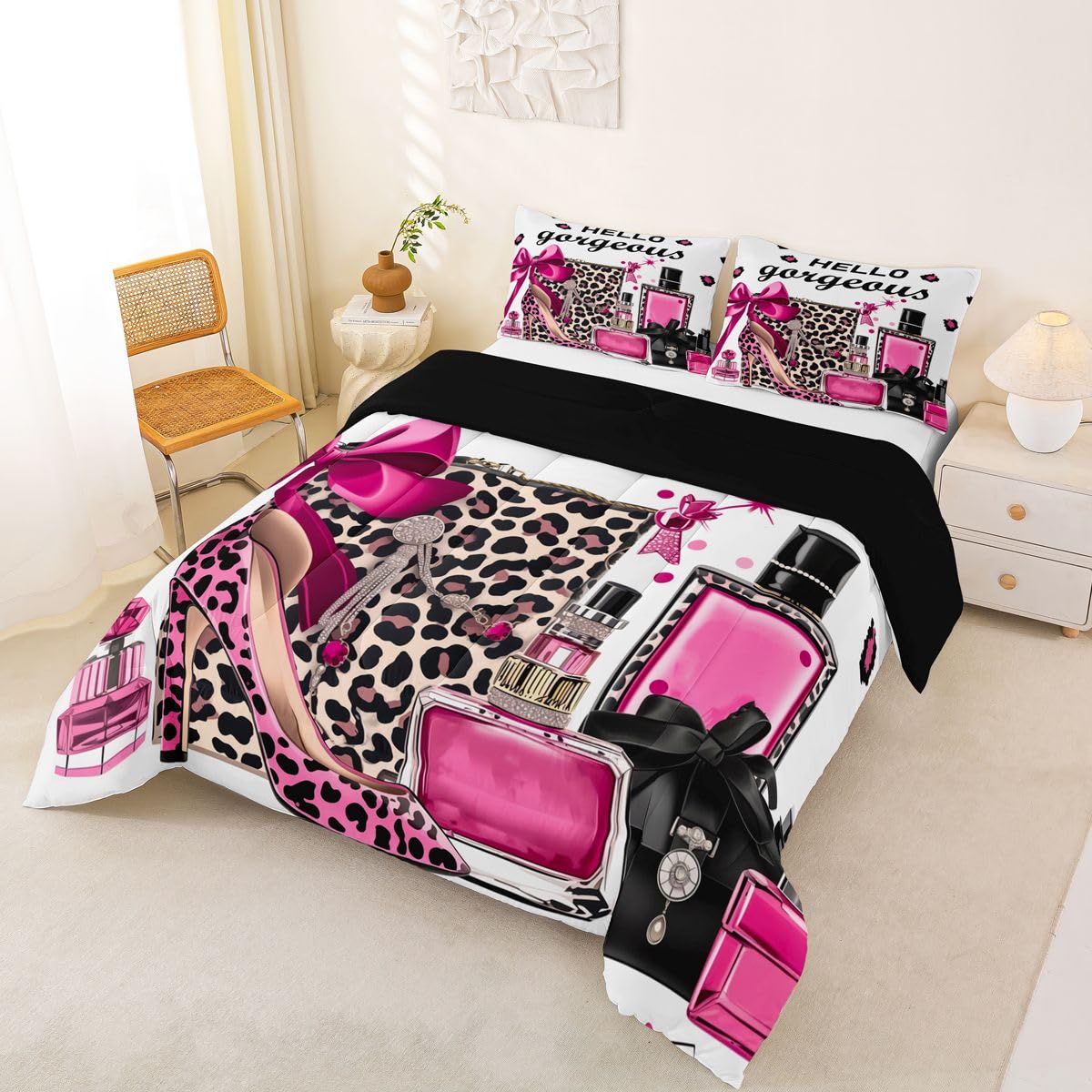 Erosebridal Black and Pink Leopard Print King Bedding Set | Fashion Modern Girly Comforter Set Bow Perfume High Heels Bed Collections Trendy Stylish Girls Duvet Quilt Sets