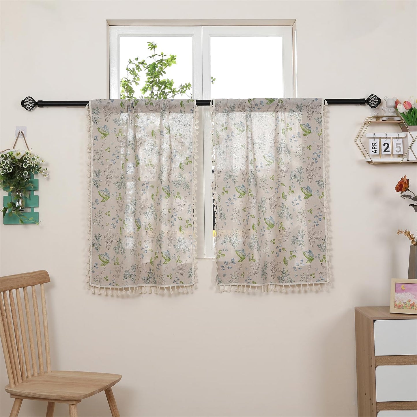 Moslovstar 2 Panels Linen Tassels Curtains Farmhouse Green Branch Leaves Vintage Semi Sheer Window Curtain for Kitchen Bathroom, 26x36in Tiers Curtain