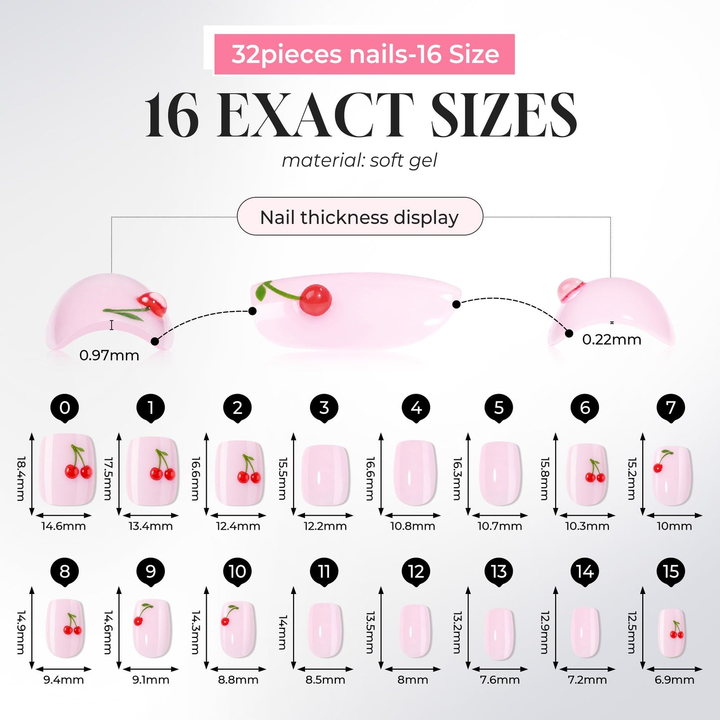 UNA GELLA Short Square Press On Nails Soft Gel - 32Pcs 16 Sizes Milky Pink Base Cherry Fake Nails with Glue and Adhesive Tabs, Reusable Glue On Nails Kit for Women Manicure