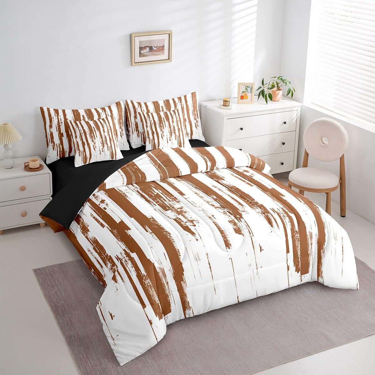 Erosebridal 7Pcs Brown and White Geometric Comforter Set King,Modern Abstract Striped Bedding with Bed Sheets,Boho Graffiti Watercolor Quilt Set for Women Men,Contemporary Aesthetic Art Bed in A Bag
