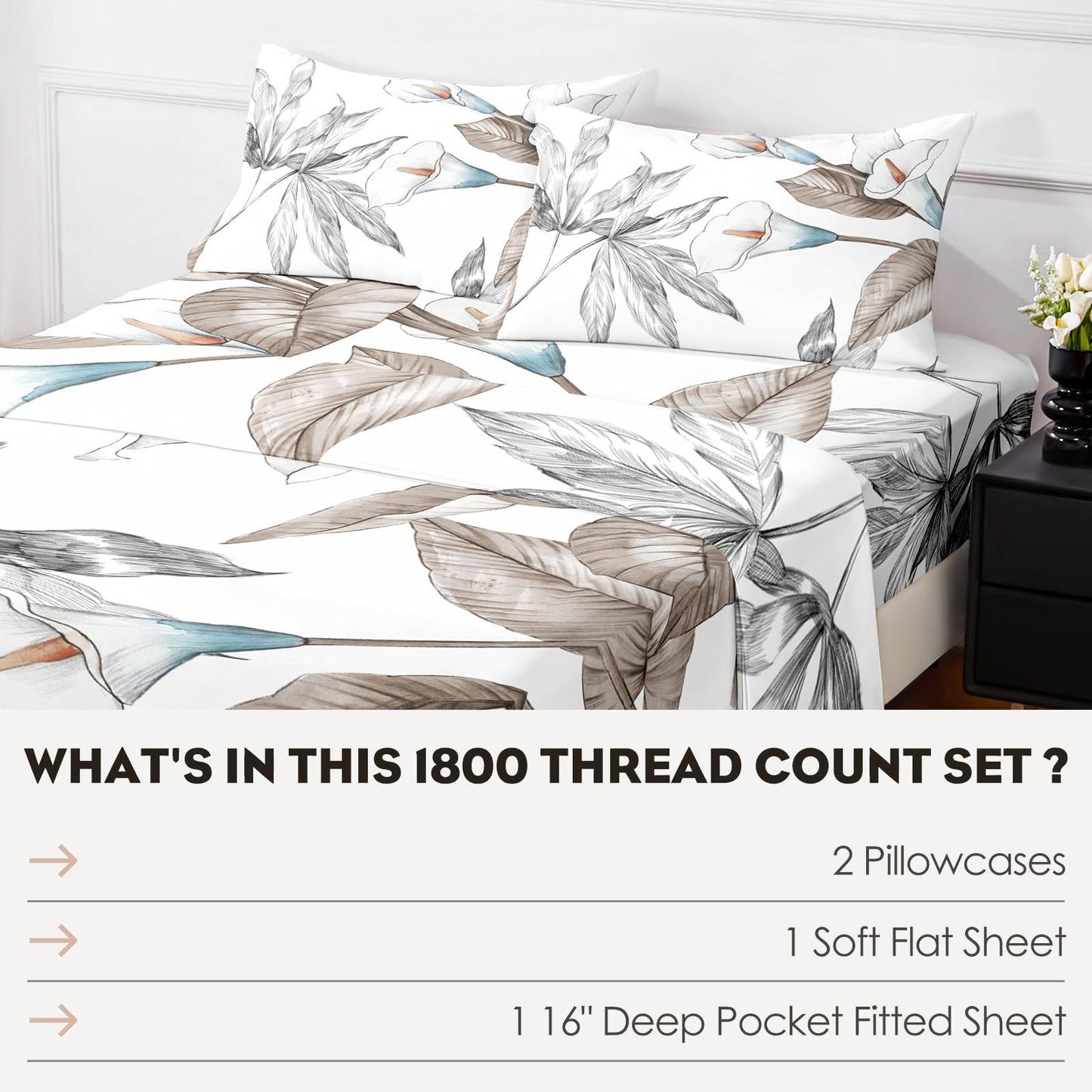 HCORA Floral King Size Sheets Set, Luxury 1800TC Hotel Quality Double Brushed Microfiber Deep Pocket Bed Sheets, Ultra Soft, Breathable and Cooling, 4PC, King
