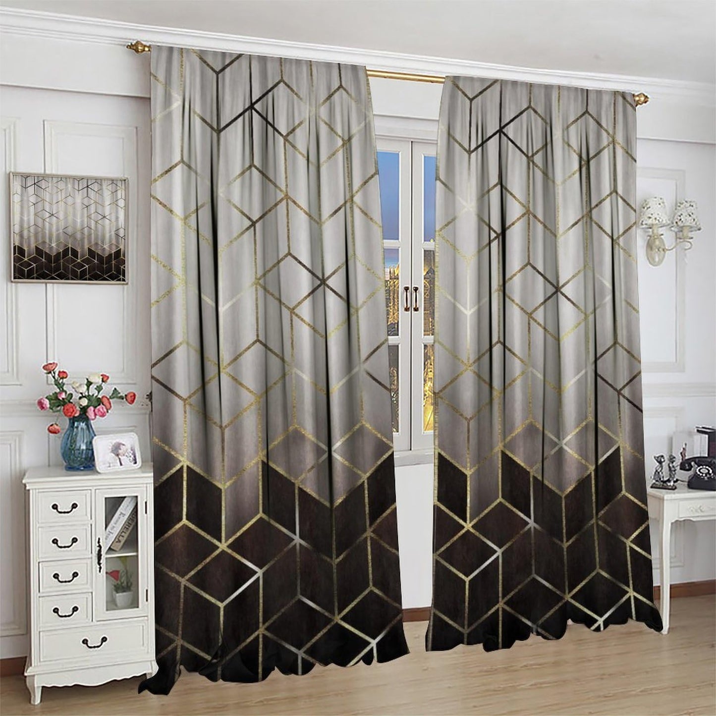 Yearn Jear Geometric Marble Curtains, Black Gold Abstract Geometry Pattern Texture Window Treatments for Bedroom Living Room, Black Luxury Marble Drape 2 Panel Sets,42x45 Inch Decor