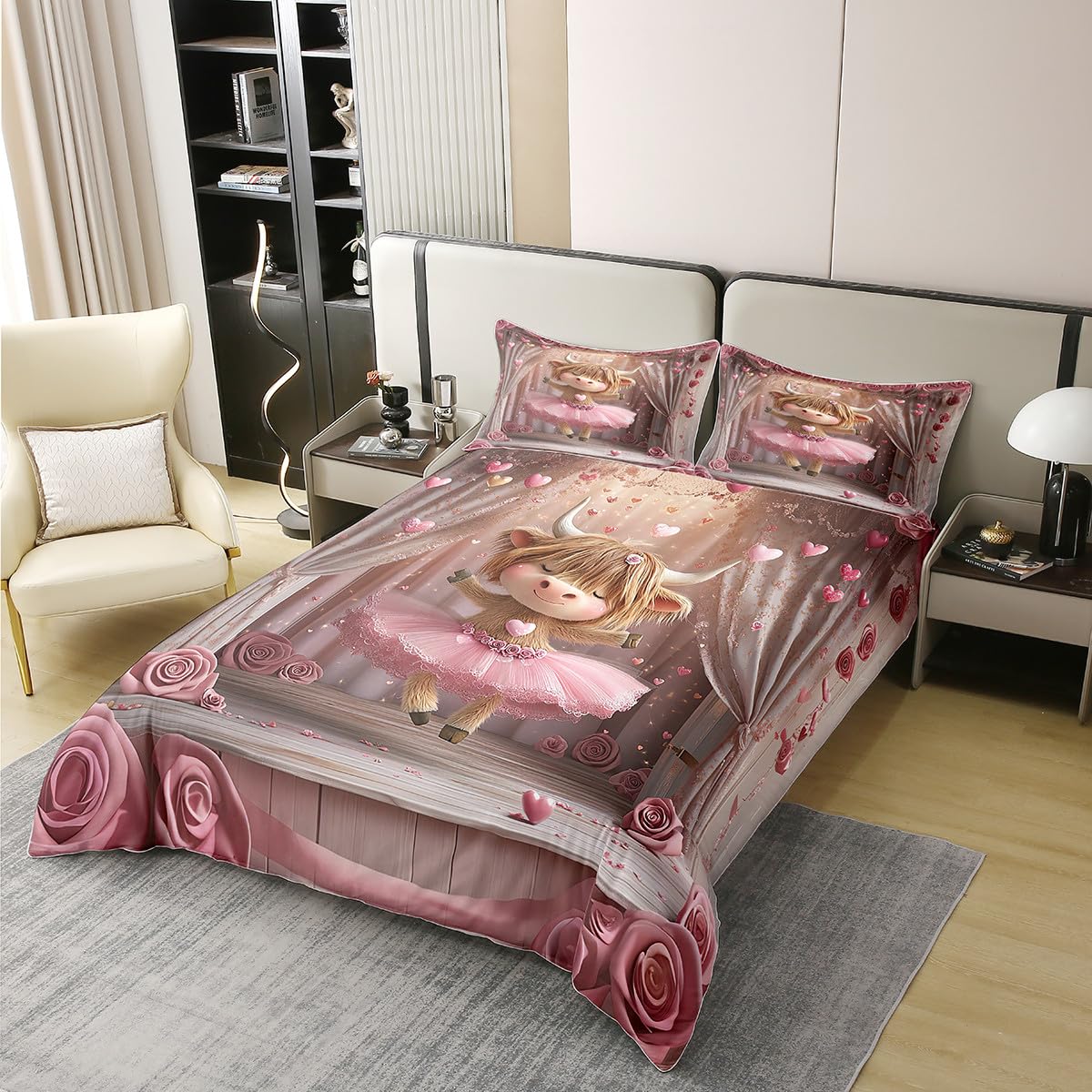 Manfei Cute Cattle 100% Cotton Duvet Cover Set Twin Size, Kawaii Ballet Dancer Bedding Set 2pcs, Pink Flower Heart Print Quilt Cover, Kids Girls Teen Room Decor, 1 Pillowcase,No Comforter