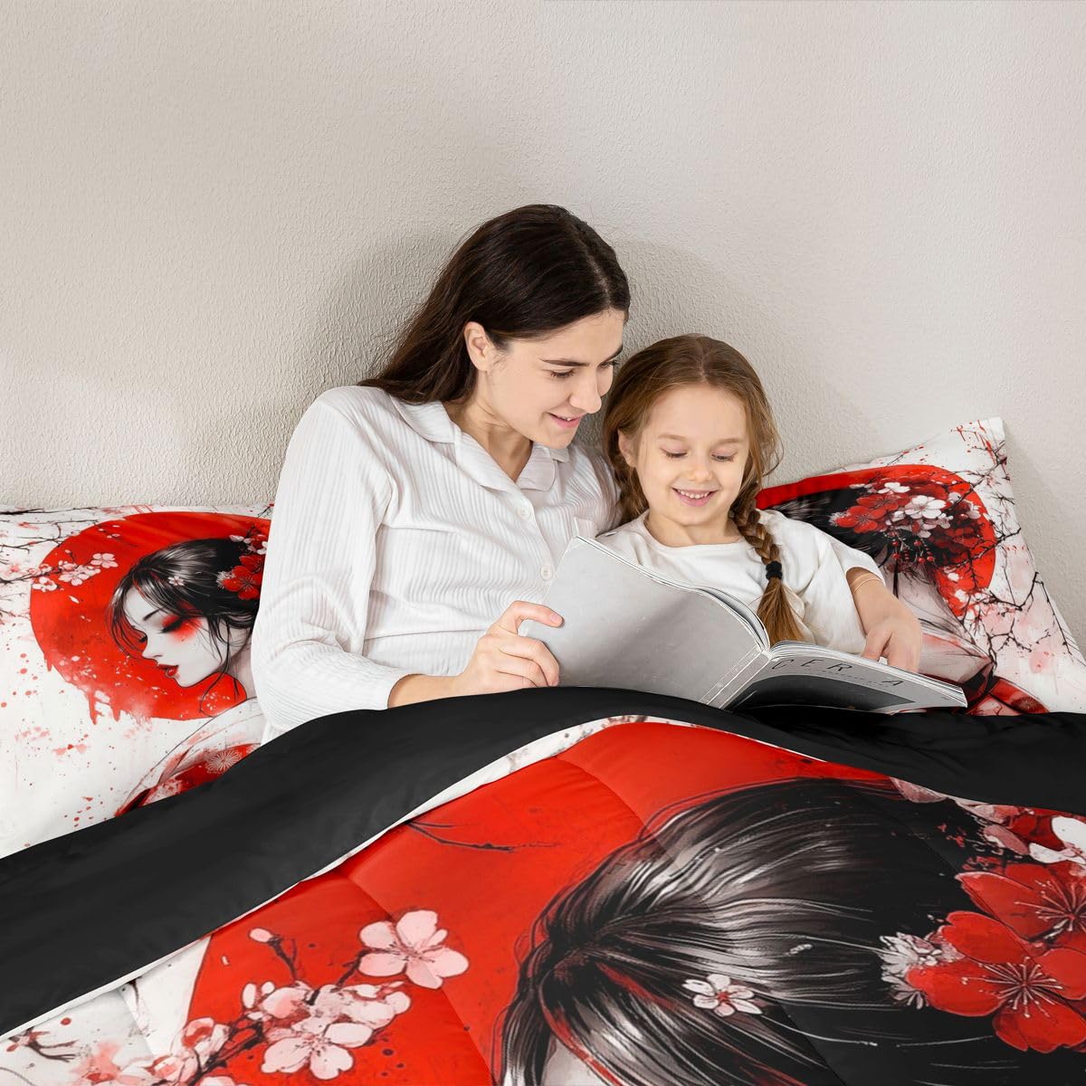 jejeloiu Japanese Geisha Comforter Set All Season Japanese Ukiyoe Bedding Set with 2 Pillow Cases Cherry Blossom Microfiber Kids Queen Bedclothes Red Sun Bedroom Decor Duvet Quilt Breathable Soft