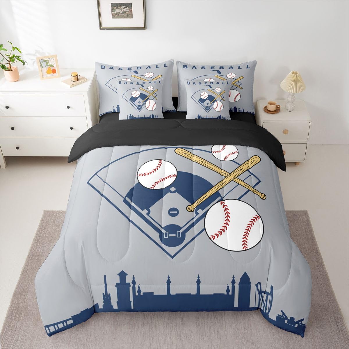 Erosebridal Boys Baseball Full Comforter Set Ball Sports Games 7 Pcs Bedding Set for Kids Teens Baseball Bat Bed in A Bag Softball City Building Sheet Sets for Youth Men Adult Bedroom