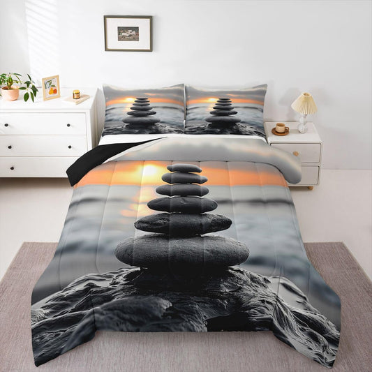 jejeloiu Black Grey Zen Comforter Set All Season Coastal Ocean Beach Bedding Set with 1 Pillow Cases Sunrise Microfiber Kids Toddler Bedclothes Bedroom Decor Duvet Quilt Breathable Soft Lightweight