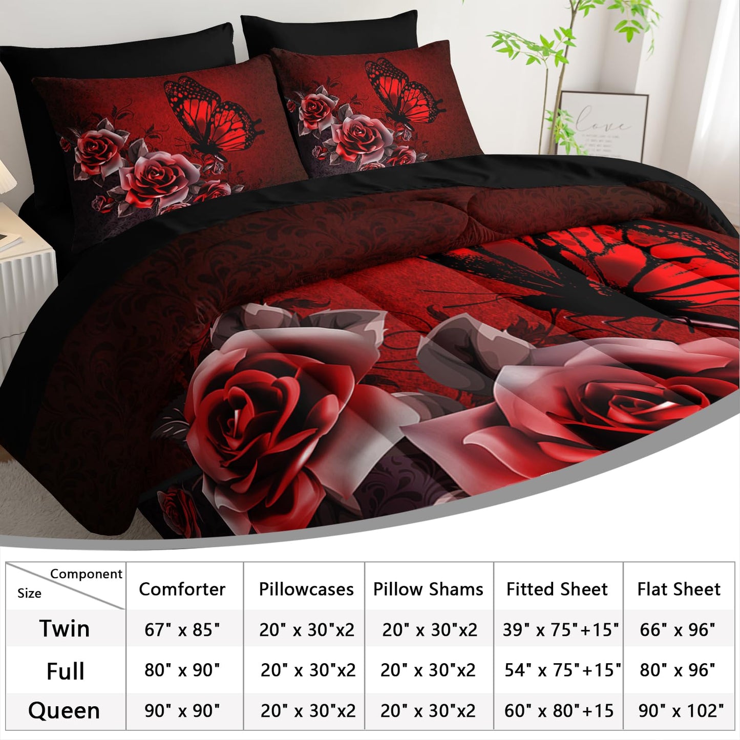 AILONEN Floral Butterfly Comforter Set Queen Size,Red and Black Bed in a Bag,7Pcs Soft Microfiber Retro Butterfly Comforter,Fitted Sheet,Flat Sheet,2 Pillowcases,2 Pillow Shams for Room