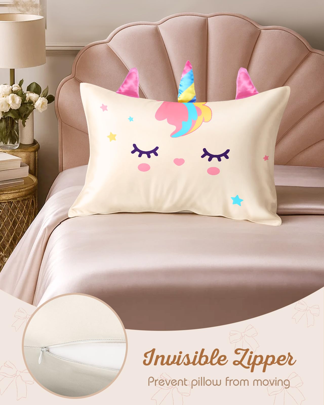 Miss Adola Kids Pillowcases Standard Size 20"x26" - Cute Cartoon Soft Breathable Silk Pillow Cases for Hair and Skin with Hidden Zipper for Girls Fun Kawaii Design for Bedding, White Unicorn