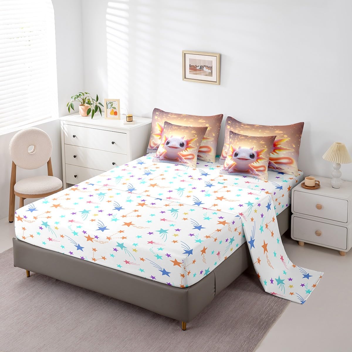 Feelyou Kids Cute Axolotl Comforter Set with Sheets Twin Size, Cartoon Salamander 7 Pieces Bedding Set Boys Girls Kawaii Animal Bed in A Bag Ocean Sealife Teens Bed Set Bedroom Decor 7Pcs