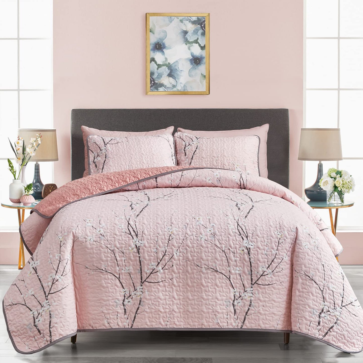 UOZZI BEDDING 3 Pieces Reversible Pink Branch Quilt Set King Size 102x88 Soft Microfiber Lightweight Coverlet Bedspread Summer Comforter Set Bed Cover for All Season (1 Quilt+ 2 Shams)