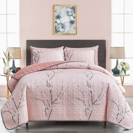 UOZZI BEDDING 3 Pieces Reversible Pink Branch Quilt Set King Size 102x88 Soft Microfiber Lightweight Coverlet Bedspread Summer Comforter Set Bed Cover for All Season (1 Quilt+ 2 Shams)
