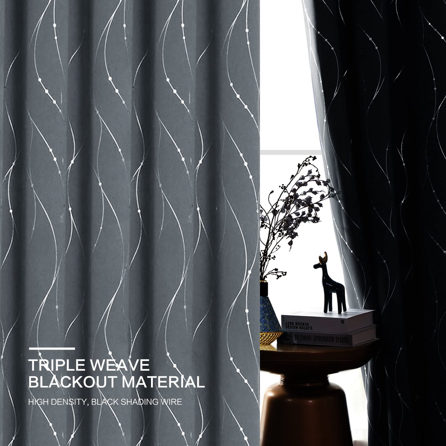BUHUA Light Grey Blackout Curtains with Wave Line and Dots Printed Grommet Top Drapes Thermal Insulated Blackout Window Curtain for Bedroom Living Room 38W×45L Inch Lenght 2 Panels