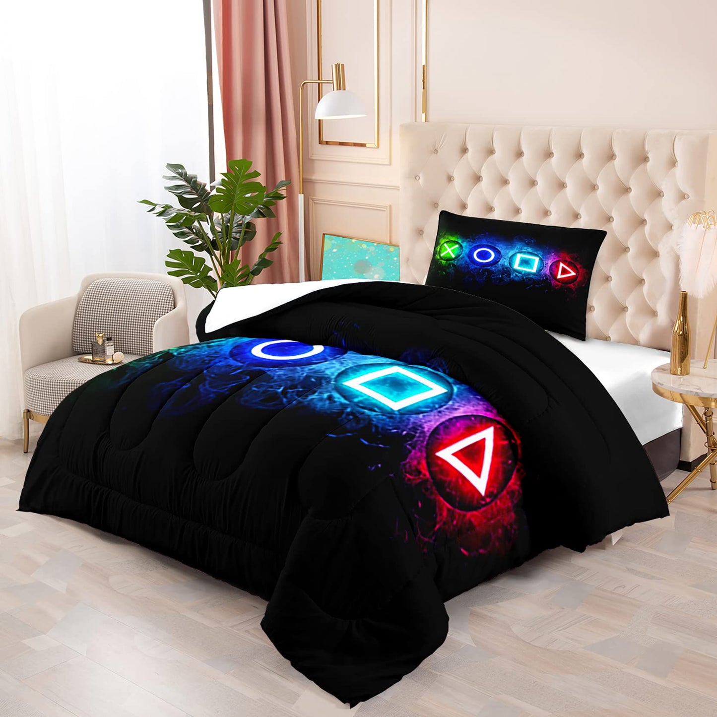 kodhyvj Gamer Comforter Sets for Boys, Twin Gaming Bedding Sets for Boys, Black Video Game Gamepad Twin Bed Sets for Boy Kids Bedroom Home Decor, 1 Comforter and 1 Pillowcase