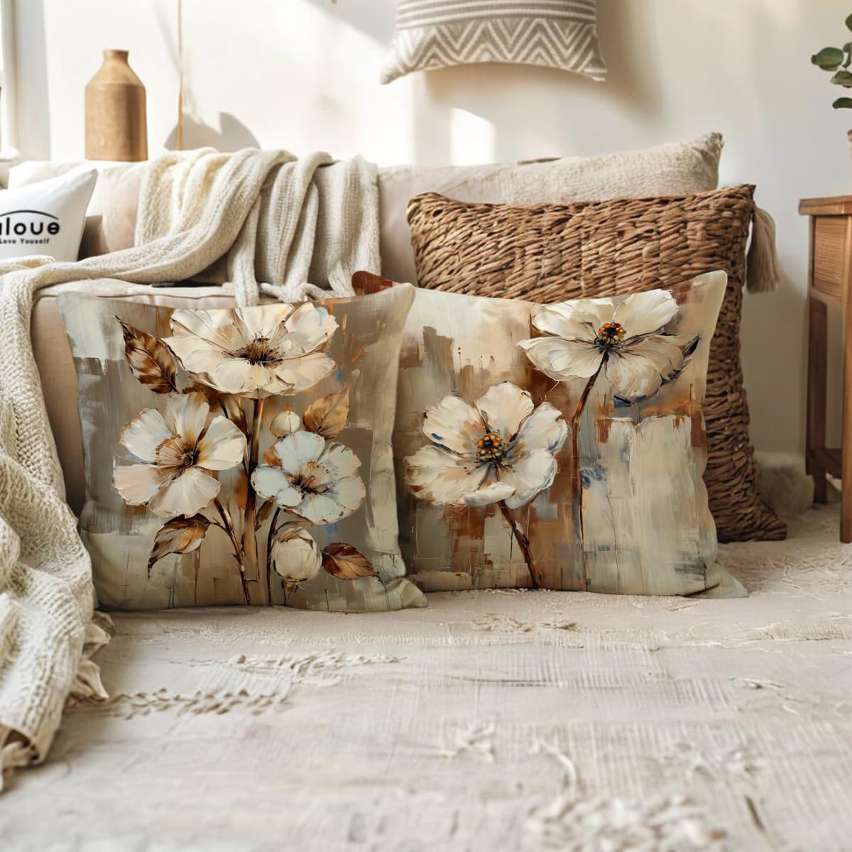 2Pack Flowers Decorative Pillow Covers Modern Beige Poppy Design Cushion Covers Oil Painting Pretty Floral Pillowcases 18 x 18 Inch Farmhouse Spring Summer Decorations (Beige/Brown)