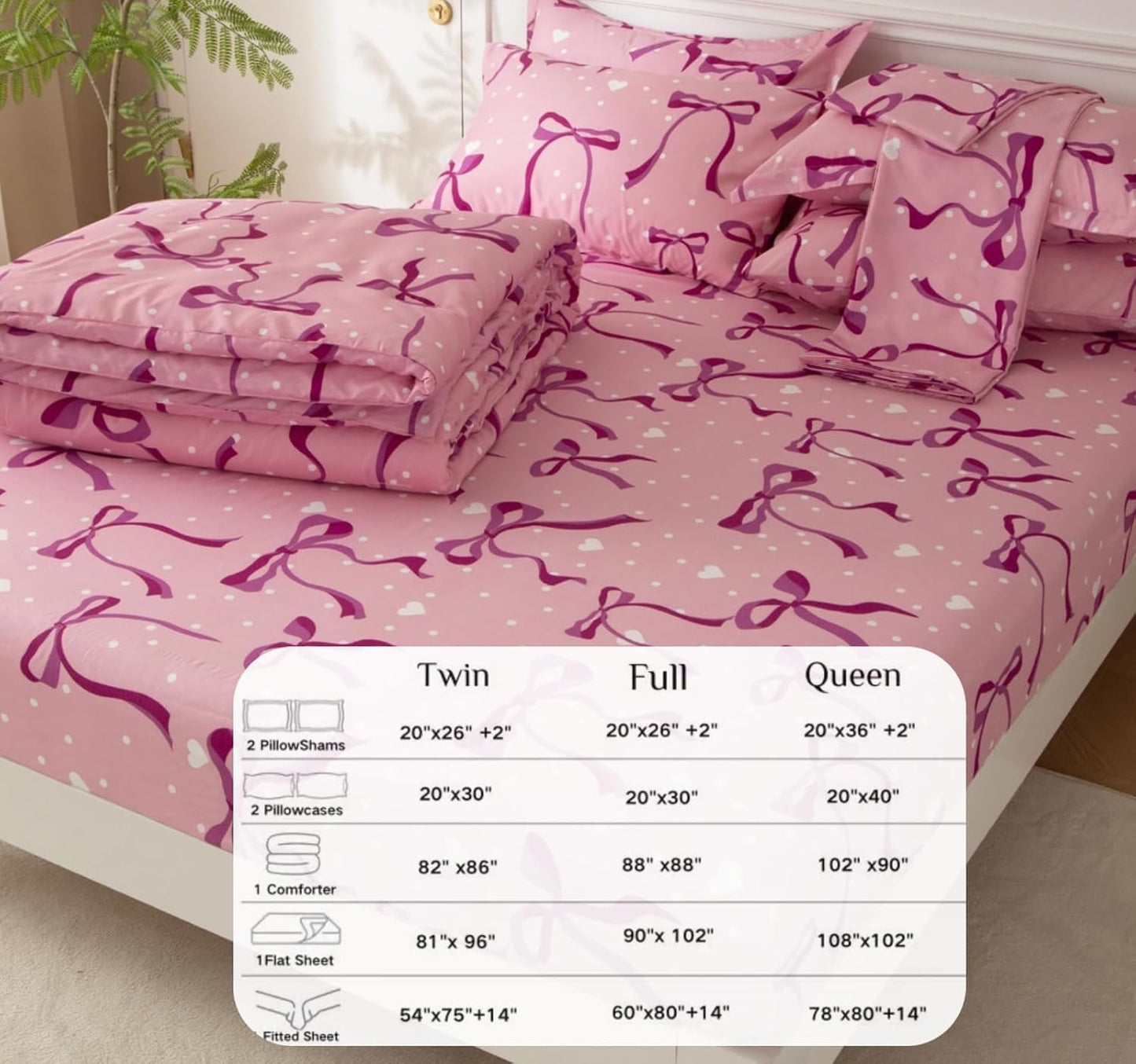 SDY Pink Bow Twin Size Comforter Set, Luxury Soft Bed in a Bag Twin 5 Pieces, All Season Bedding Set with Comforters, Sheets, Pillowcase & Sham