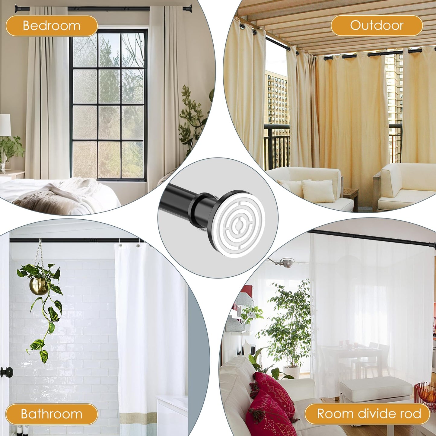 Haryaers Black Long Curtain Rod Tension Shower Curtain Rods 30 to 120 inch Adjustable Spring Heavy Duty Rods for Bathroom Windows Outdoor No Drill No Slip Spliced and Telescopic Design