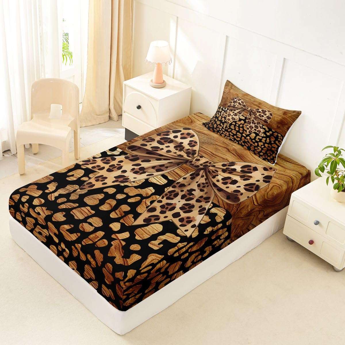 jejeloiu Brown Leopard Bow Fitted Sheet Twin Size for Kids Boys Girls Abstract Bed Sheets Set 16" Deep Pocket Leopard Print Bowknot Bedding with 1 Pillowcase Room Decor