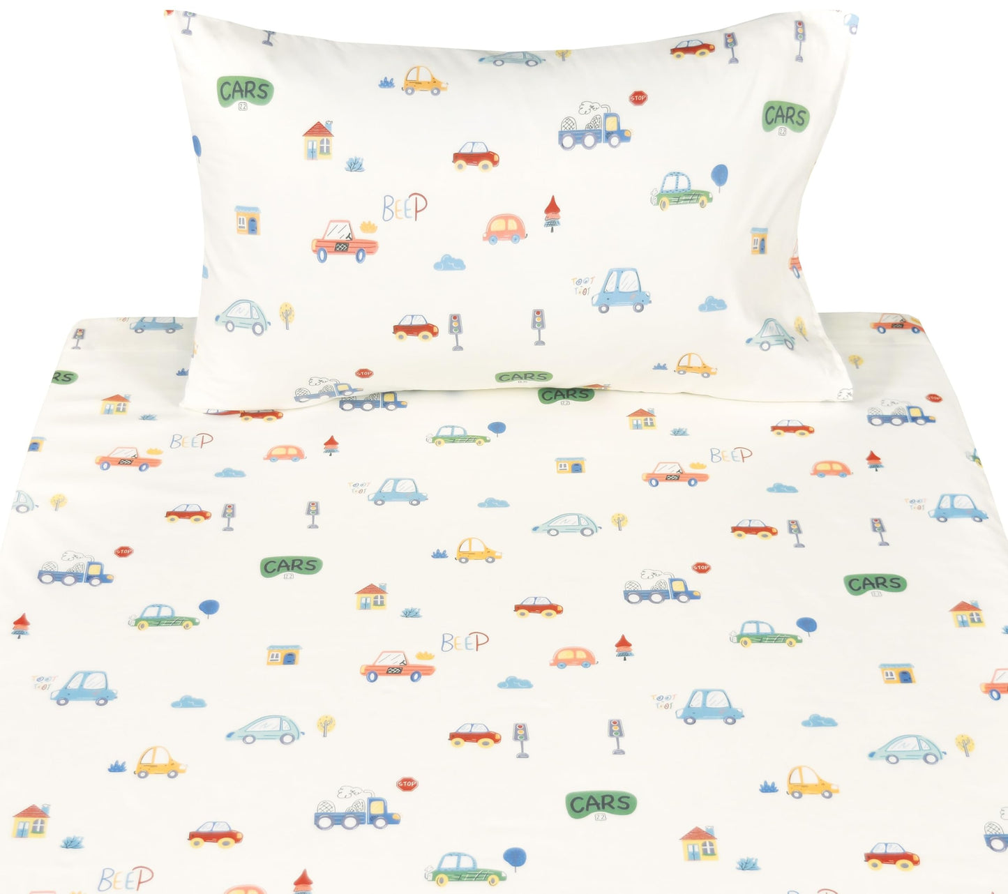 Scientific Sleep Family Vehicle Cars House Milky White Simple Gentle 3 Pcs Twin Bed Sheet Set 100% Cotton Flat Sheet & Fitted Sheet & Pillowcase Natural Bedding Set Kids Boys Girls (Motorcar, Twin)