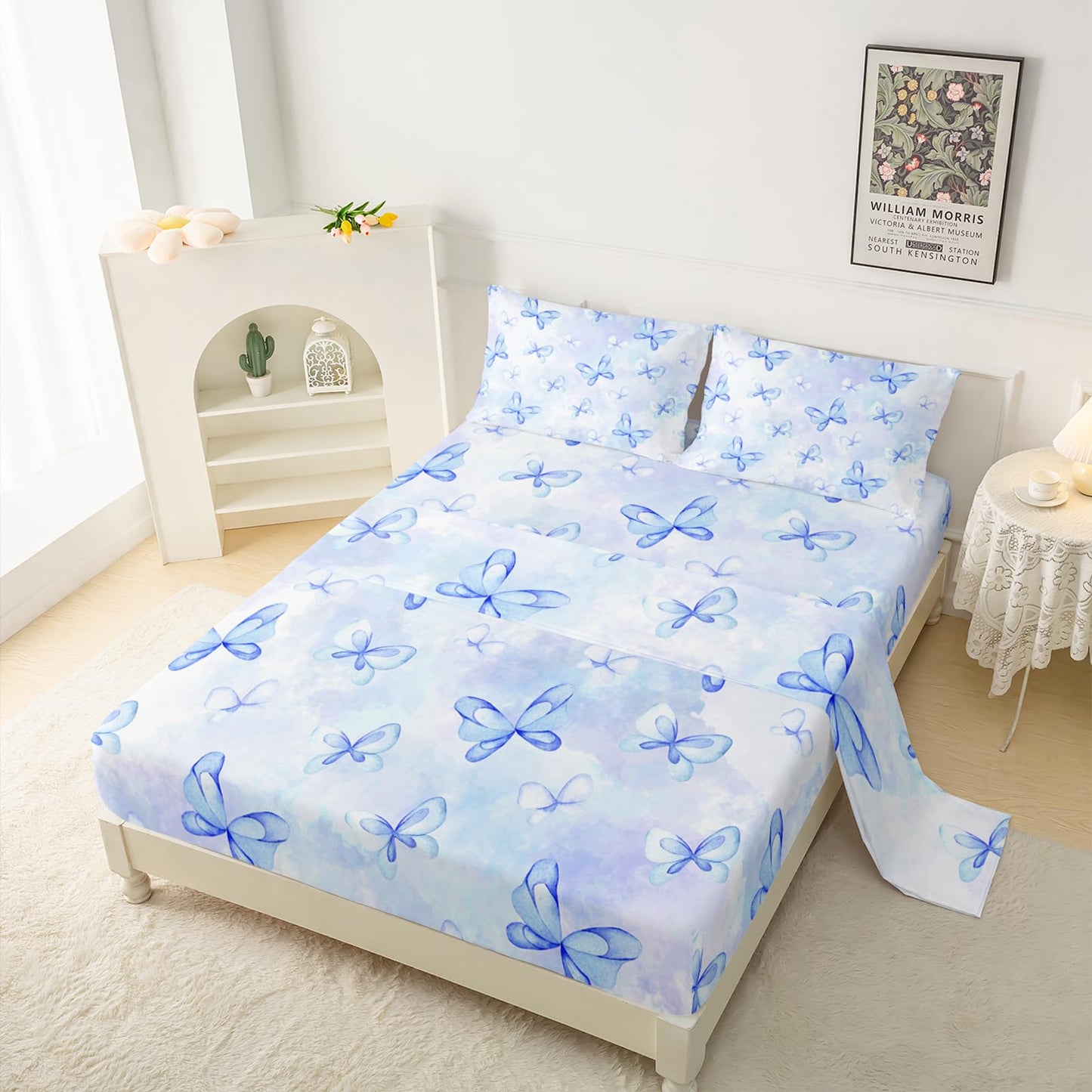 QOOMO Butterfly Bowknot Kids Bed Sheets Full Size,Blue Bow Tie Print Bedding Sheet Set,4Pcs Butterfly Knot Deep Pocket Bed Sets with 1 Fitted Sheet 1 Flat Sheet 2 Pillowcases for Boys Girls Teens