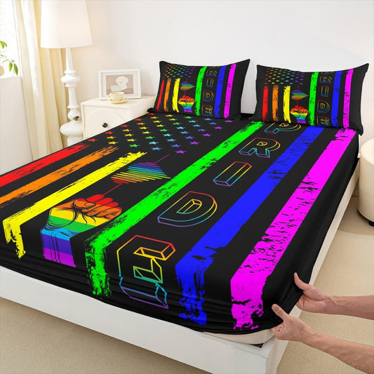 Rainbow Stripes Fitted Sheet Full Size,American Flag Bed Cover Pride Theme Bedding Set 3pcs for Teens Boys Man Adults Room Decor,Soft Black Watercolor Bed Sheets with 2 Pillowcases(No Flat Sheet)