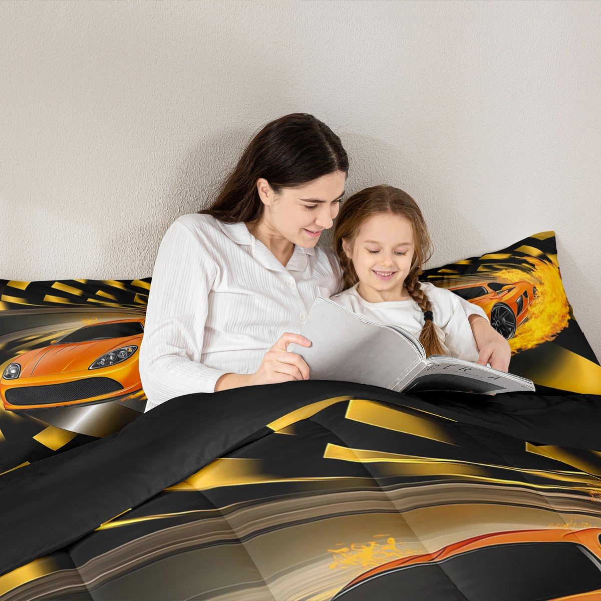Erosebridal Boys Race Car Comforter Set, Cool Speed Sports Car Bedding Set Twin Size for Kids Teens Adult Men, Extreme Sport Quilted Duvet Automobile Checkered Duvet Sets for Bedroom