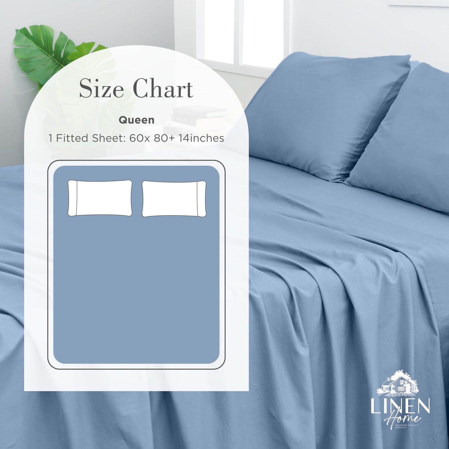 Linen Home Washed Cotton Percale Fitted Sheet Queen Size, ICY Blue, 1 Deep Pocket Fitted Sheet, Soft and Cool Strong Bed Linen, 60"X80"+14"