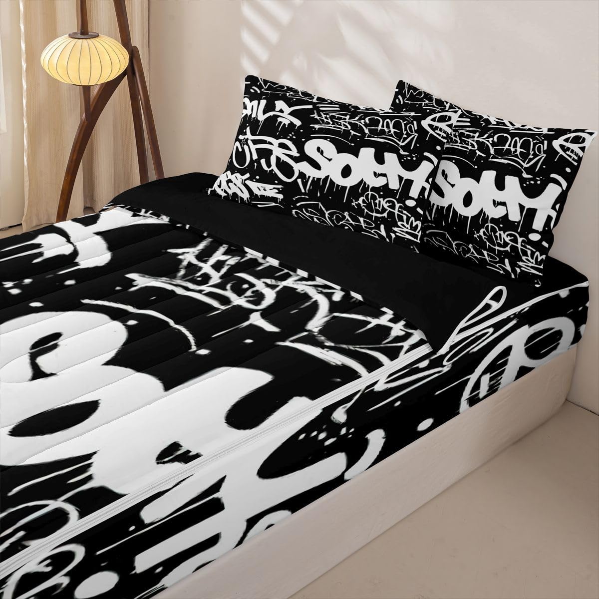 Erosebridal Black and White Graffiti Zipper Comforter | Minimalists Abstarct Twin Bedding for Kids Teens Adults Aesthetic Zipper Bed Set with Sheets Boho Modern Art Bed in a Bag Bedroom Decor