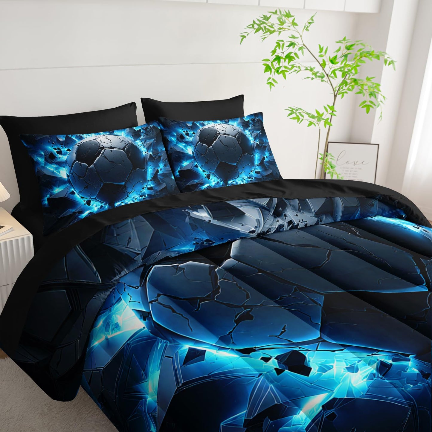 Nttopship Soccer Bedding Set Twin Size 7PCS for Adults, Blue Football Printed Bedding Sets 7 PCS,Ball Sports Themed Bedroom Decor Lightweight All Seasons with Pillowcases,Flat, Fitted Sheet
