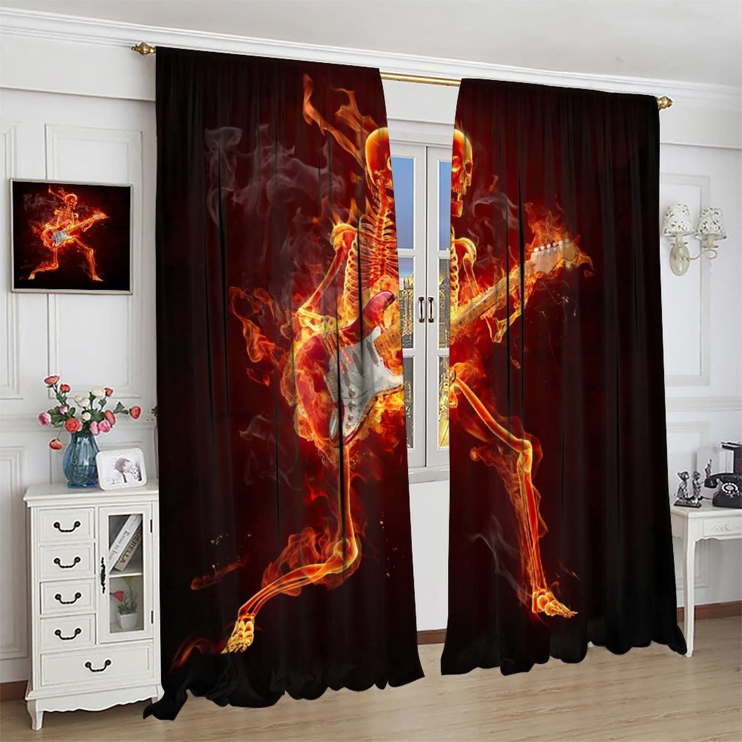 Guitars Music Curtain,Punk Rocker Cool Guitars Music Fiery Series Window Rod Pocket Curtains for Bedroom Living Room Home Decor W42xL45in