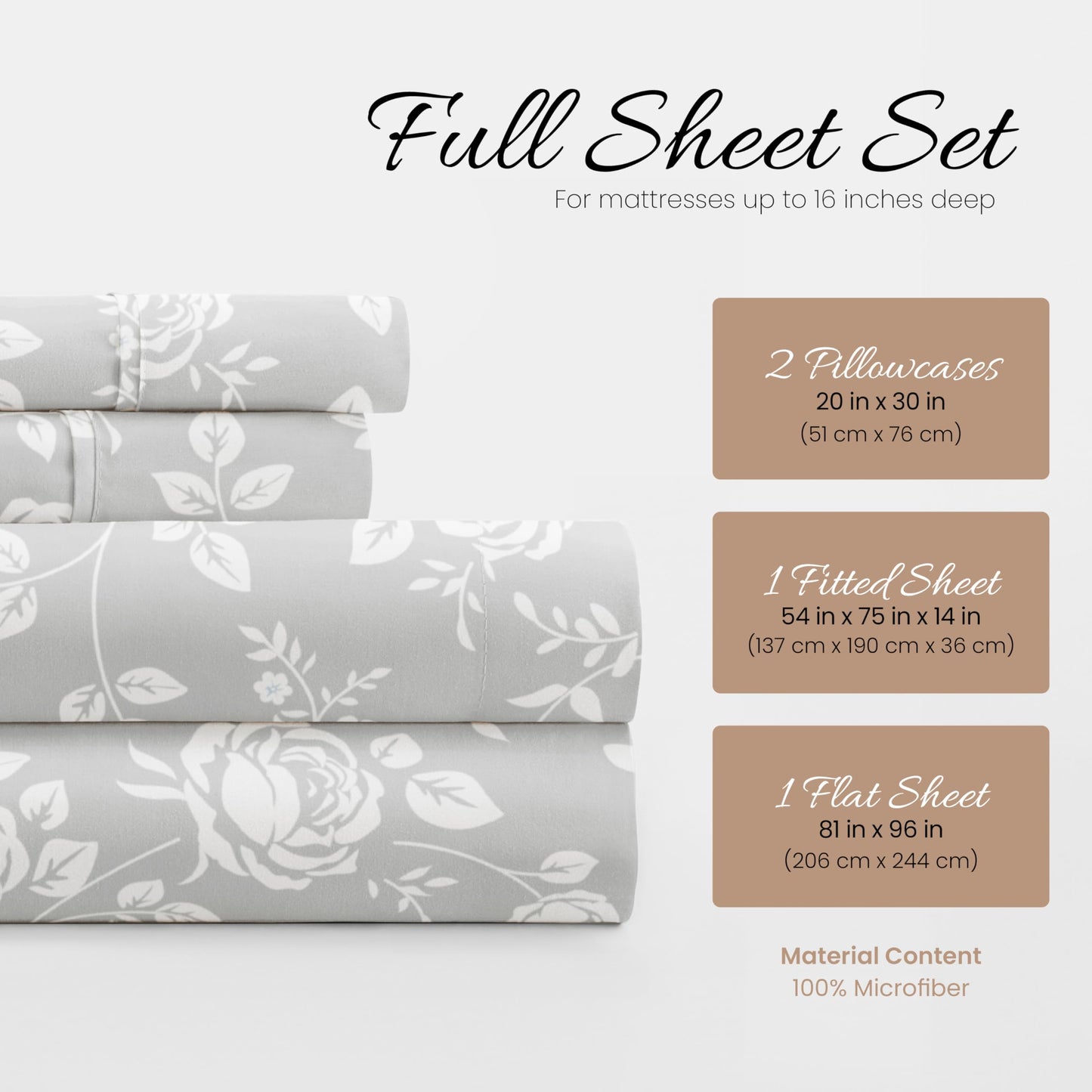 Linen Market 4 Piece Full Bedding Sheet Set (Light Gray Roses) - Sleep Better Than Ever with These Ultra-Soft & Cooling Bed Sheets for Your Full Size Bed - Deep Pocket Fits 16" Mattress