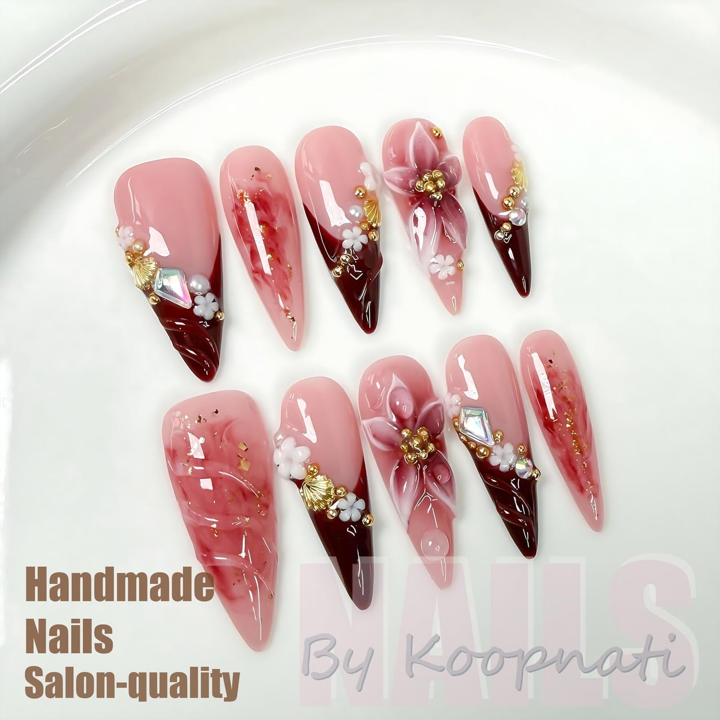 Handmade Press On Nails Almond Long Homemade Press On Nails French Tip With 3D Design Fake Nail Art For Women M