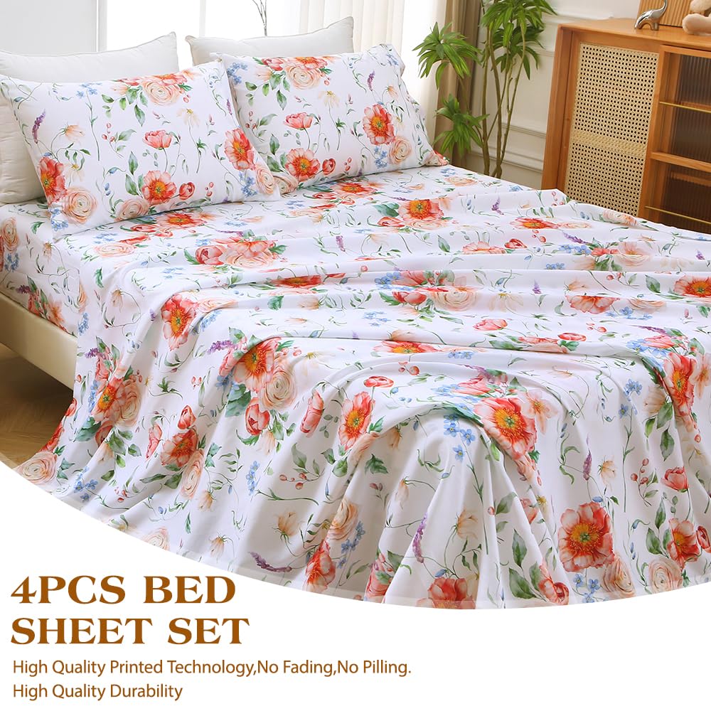 MUXHOMO King Size 4 Piece Sheet Set, Soft & Breathable Sheet Set for Bedroom with Deep Pocket Up to 16", Wrinkle-Free & Cooling Bed Sheets with Flat Sheet, Fitted Sheet & Pillowcases - Blooming Rose