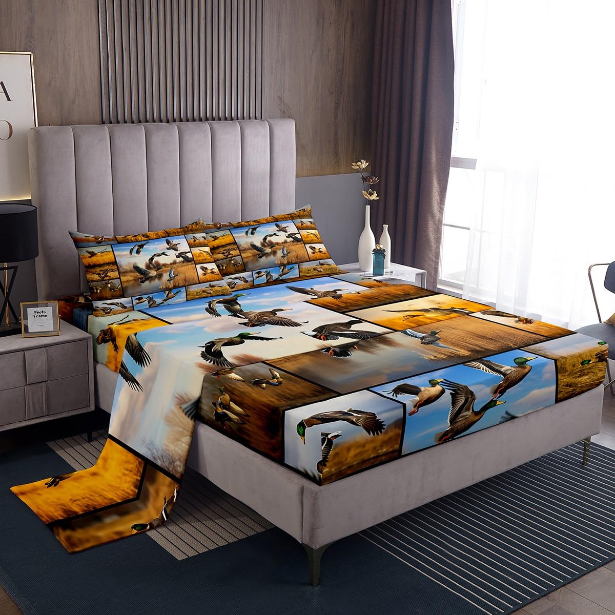 Duck Hunting Sheet Set for Teens Youth,Mallard Duck Bed Sheets Full Size,Nature Landscape Bedding Set,Woodland Farmhouse Animal Patchwork Fitted Sheet + Flat Sheet + 2 Pillow Shams Wrinkle Free