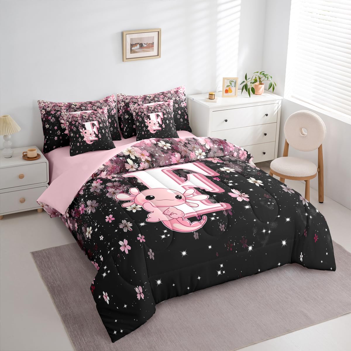 Erosebridal Pink Axolotl Bedding Set for Teen Girl (Pink Black,7Pcs,Twin Size) - Cute Initial Letter F Bed in A Bag Cherry Blossom Comforter Set Girly Preppy Cute Axolotl Quilt with Initial Design