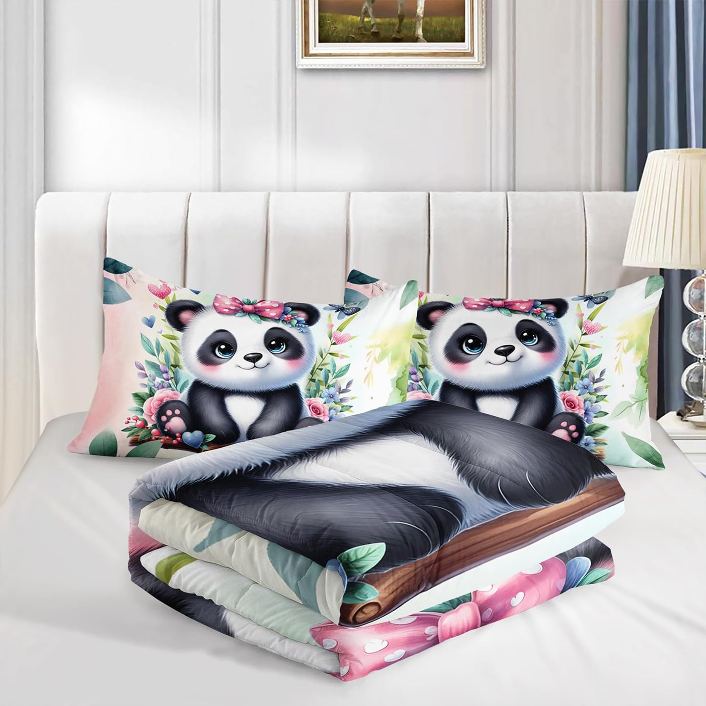 Kawaii Panda Comforter 3Pcs Twin Tie Dye Wildlife Flower Bear Bedding Set