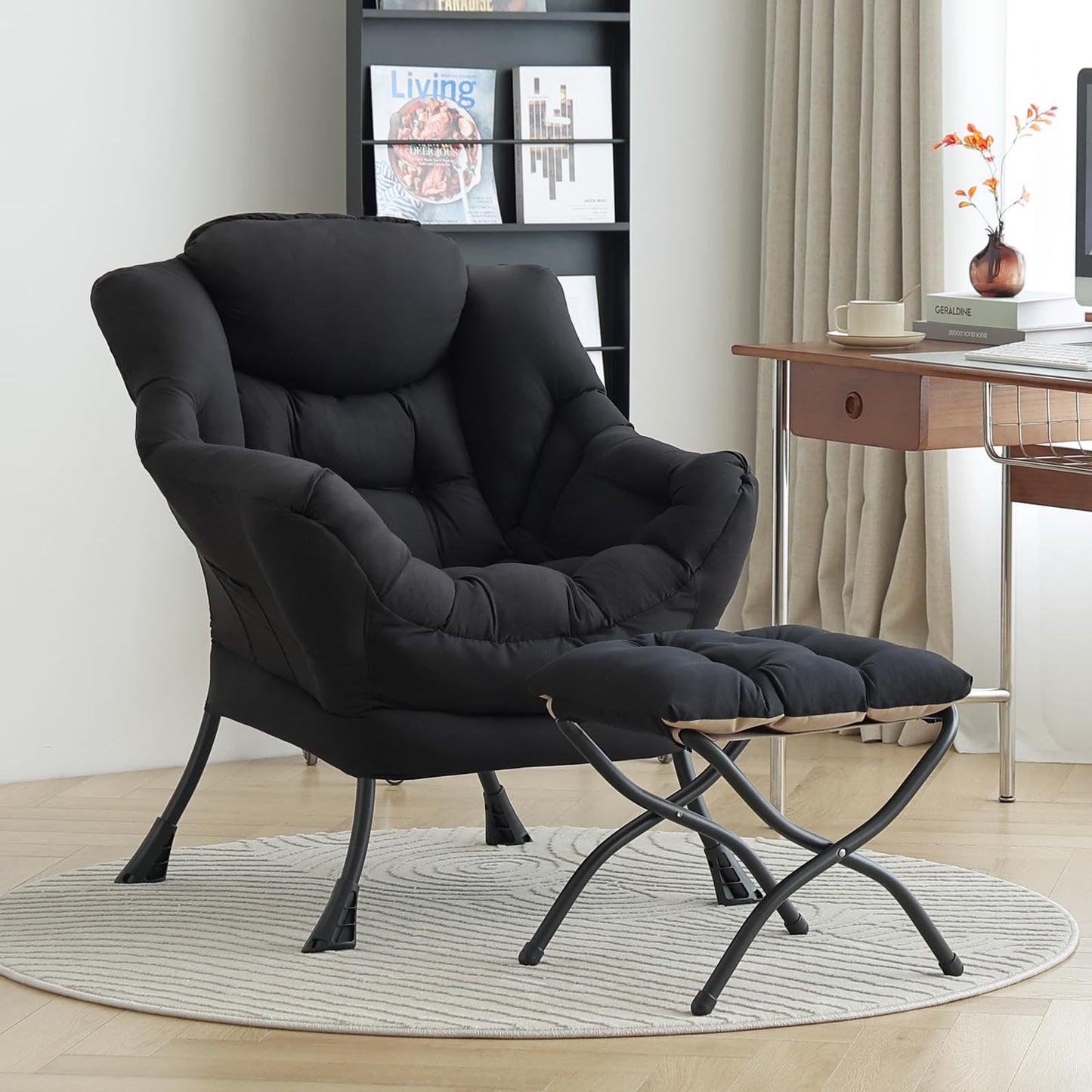 LITA Lazy Chair with Ottoman, Modern Accent Leisure Upholstered Sofa Chair, Contemporary Lounge Reading Chairs with Armrests and a Side Pocket for Living Room, Bedroom & Small Space, Black