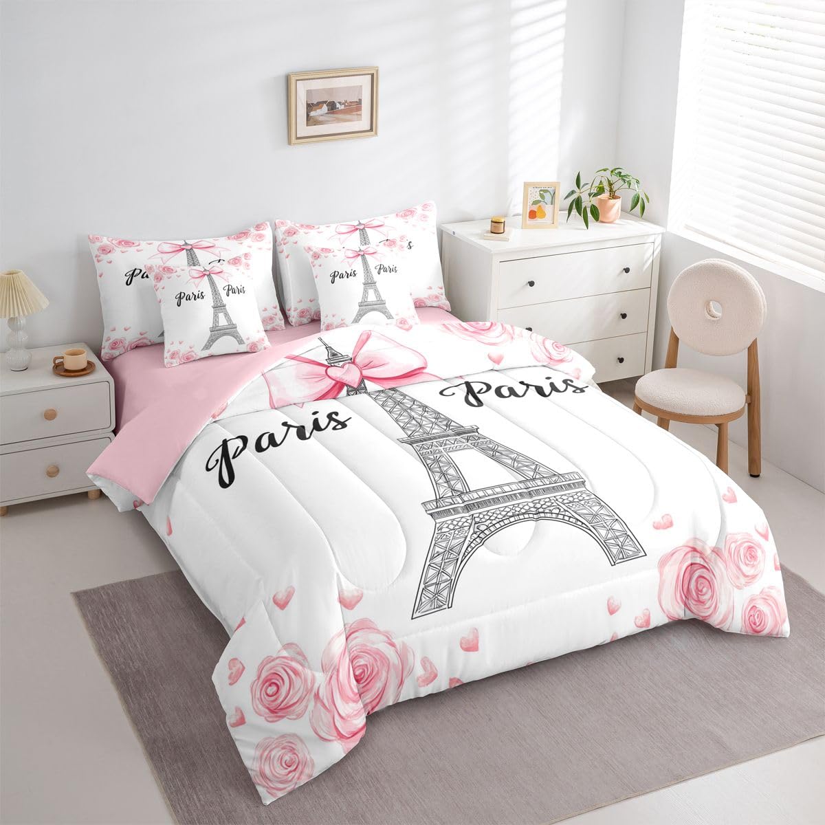 Erosebridal Eiffel Tower 7 Pcs Bedding Set Twin Kawaii Pink Bowknot Comforter Set with Sheets Rose Bed in A Bag Romantic Ribbon Bow Kids Girls Bedroom Decor